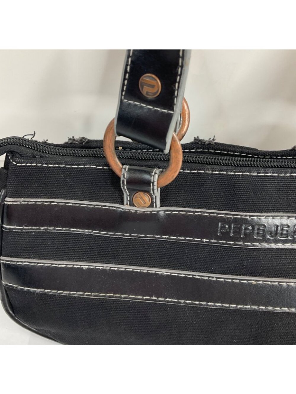 Pepe Jeans Purse Small Black Denim Frayed Vintage Brass Hardware London Rare Y2K - Picture 6 of 15